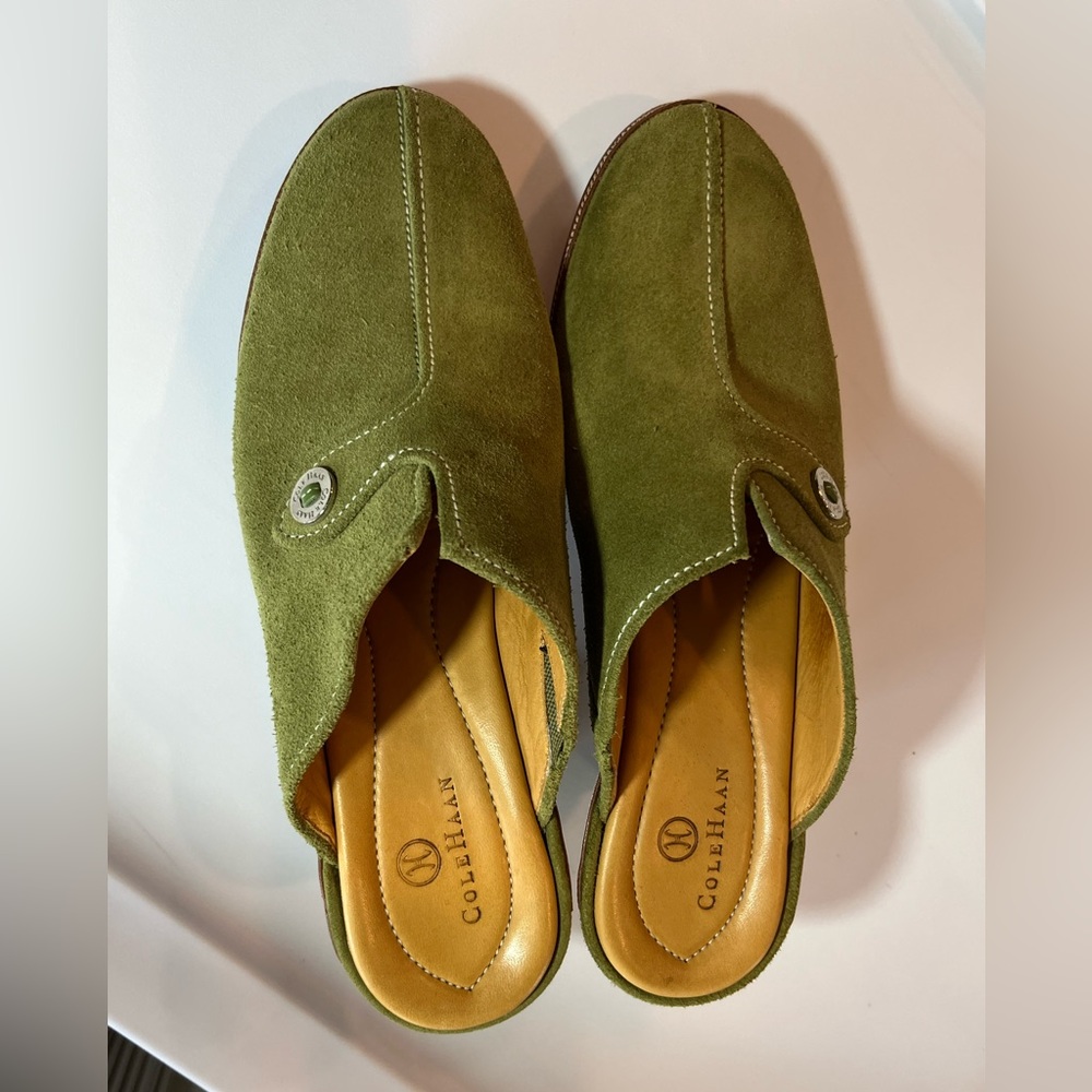 Cole Haan Avocado Green suede leather heeled leather mules size 8
